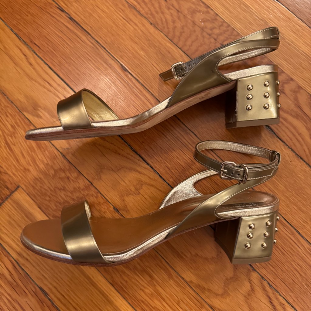 Tod’s Gold Leather Block Heel Sandals, Size 7.5